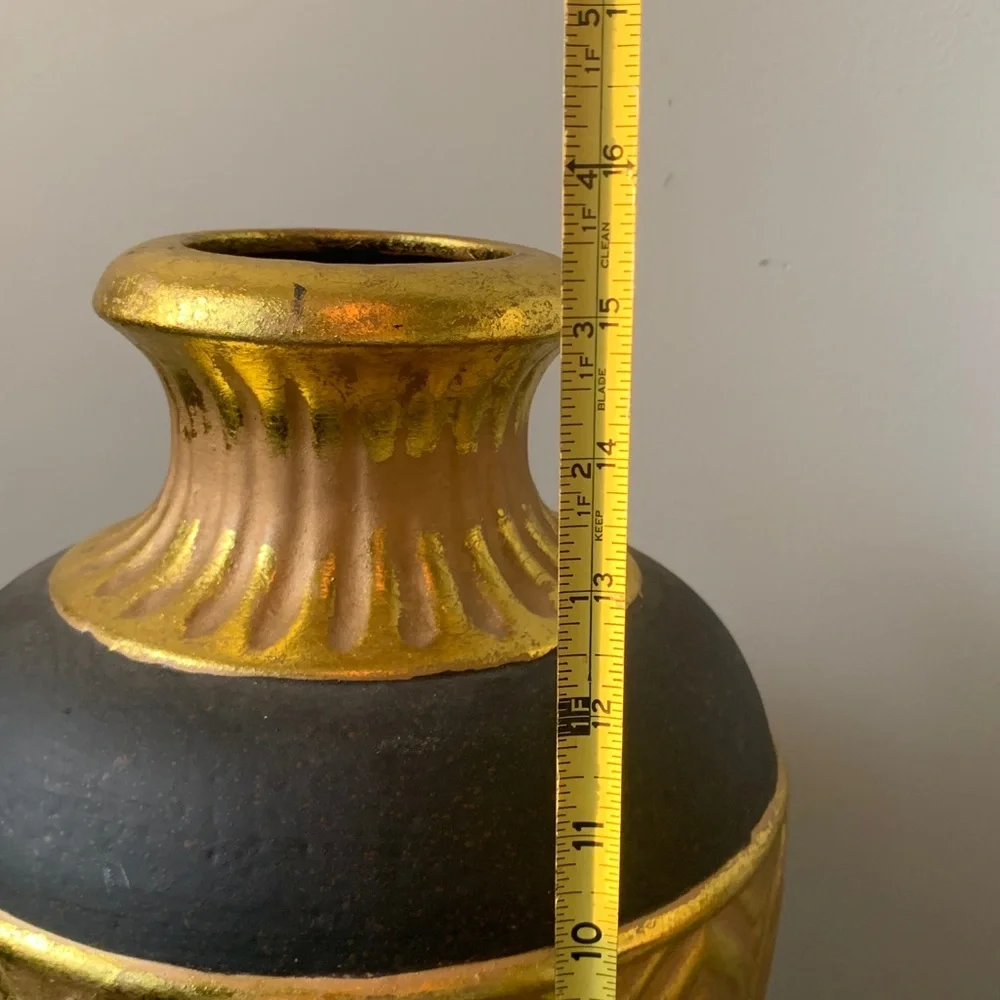 Dark brown gold leaf large ceramic decorative vase home decor shelf vintage art - Picture 9 of 10